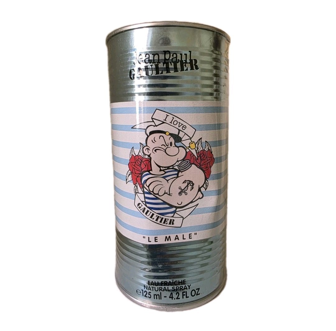 Jean Paul Gaultier Le Male Popeye Eau Fraiche 125ml Jean Paul Gaultier Le Male Popeye Eau Fraiche 125ml. Front of metal presentation box.