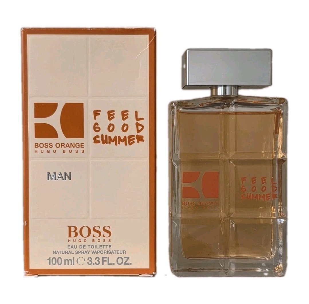Hugo Boss Boss Orange Feel Good Summer EDT 100ml Hugo Boss Boss Orange Feel Good Summer EDT 100ml. Box and bottle side by side photo.