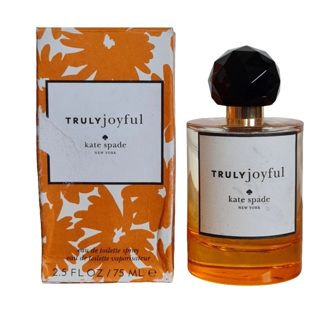 Kate Spade Truly Joyful Eau de Toilette 75ml Kate Spade Truly Joyful Eau de Toilette 75ml. Perfume box and bottle side by side photo.