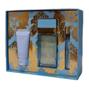 Dolce & Gabbana Light Blue Forever Eau de Parfum 100ml Gift Set. Front angled of perfume gift box.