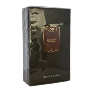 Floris Leather Oud Eau de Parfum 100ml. Front of fragrance box photo.