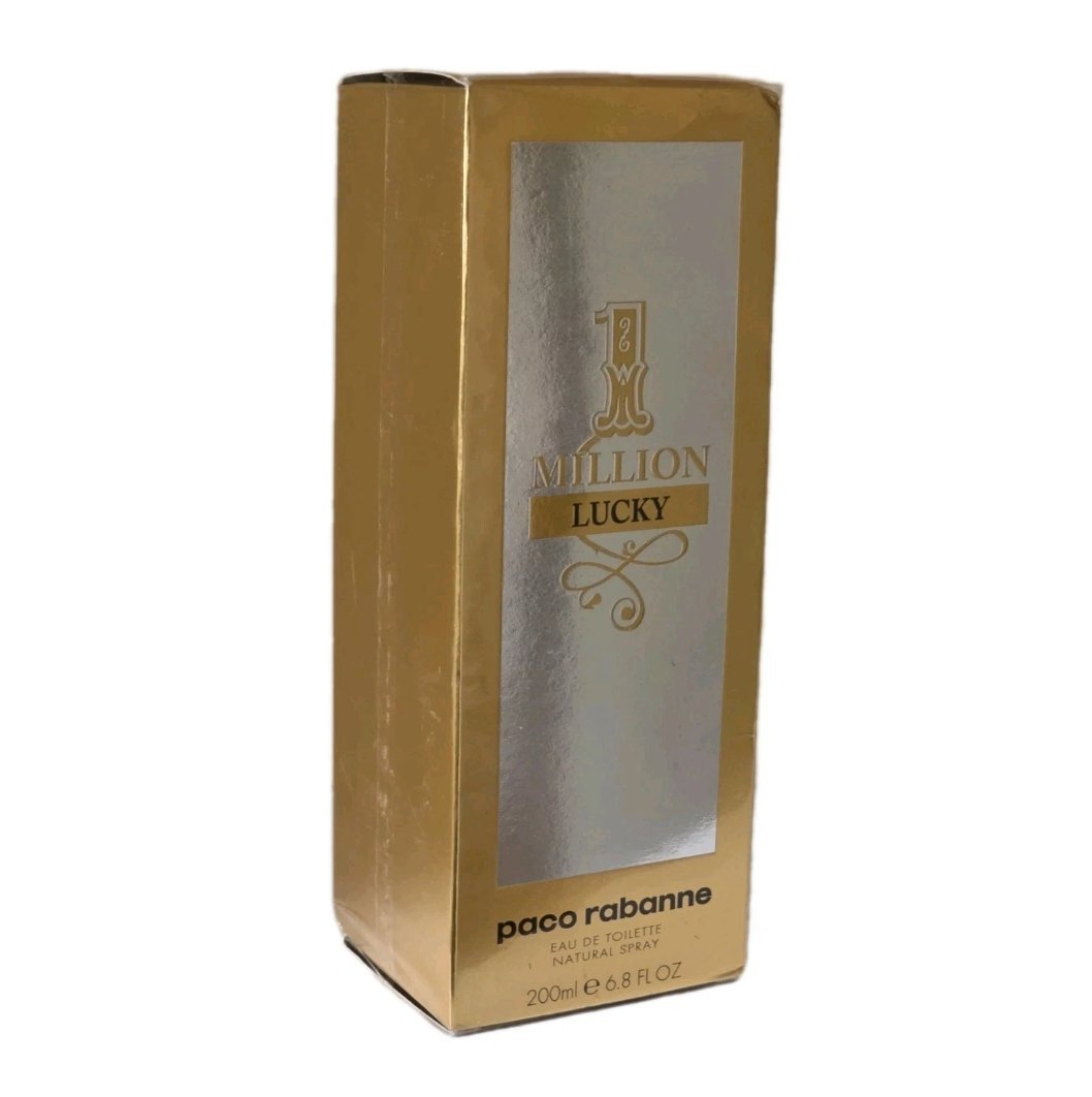 Paco Rabanne 1 Million Lucky for Men Eau de Toilette 200ml Paco Rabanne 1 Million Lucky for Men Eau de Toilette 200ml. Front of gold and silver perfume box.